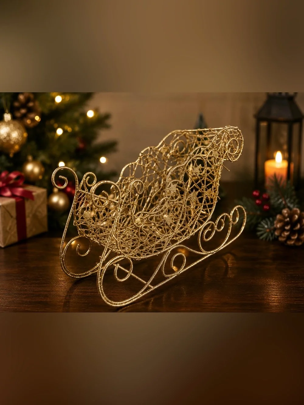 Gold Glitter Santa Sleigh Christmas Decor Ornament Centerpiece 11”